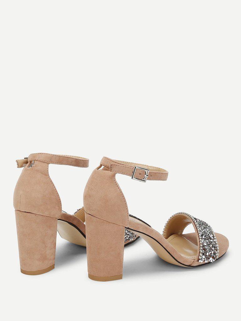 Rhinestone Decorated Block Heeled Sandals-shoes-Des Mess