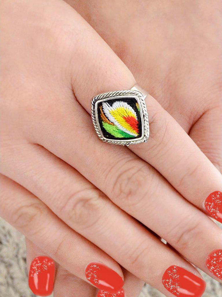 Yellow Handmade Embroidery Flower Pattern Square Boho Rings-jewelry-Des Mess
