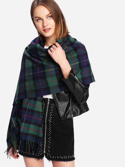 Fringe Trim Plaid Scarf-accessories-Des Mess