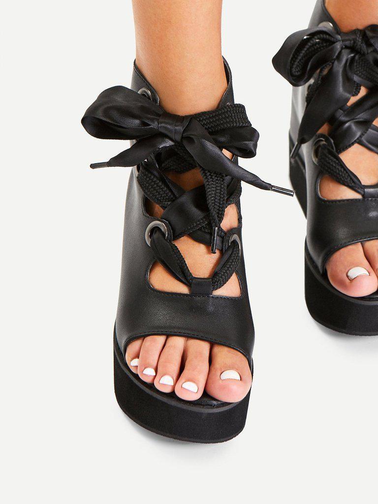 Criss Cross Bow Detail Platform Wedges-shoes-Des Mess