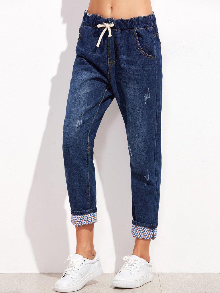 Drawstring Cuffed Jeans-bottom-Des Mess
