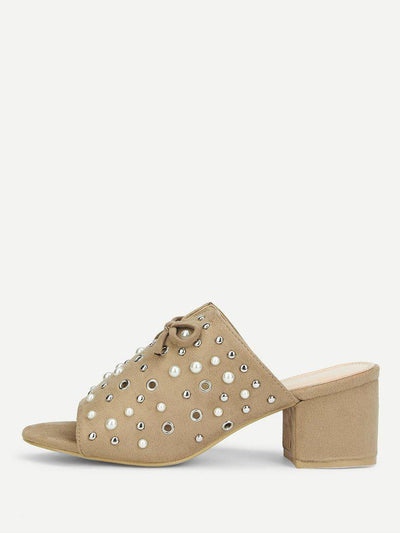 Faux Pearl Chunky Heeled Mules-shoes-Des Mess