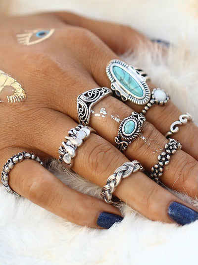Turquoise Decorated Multi Shaped Ring Set 9pcs-jewelry-Des Mess