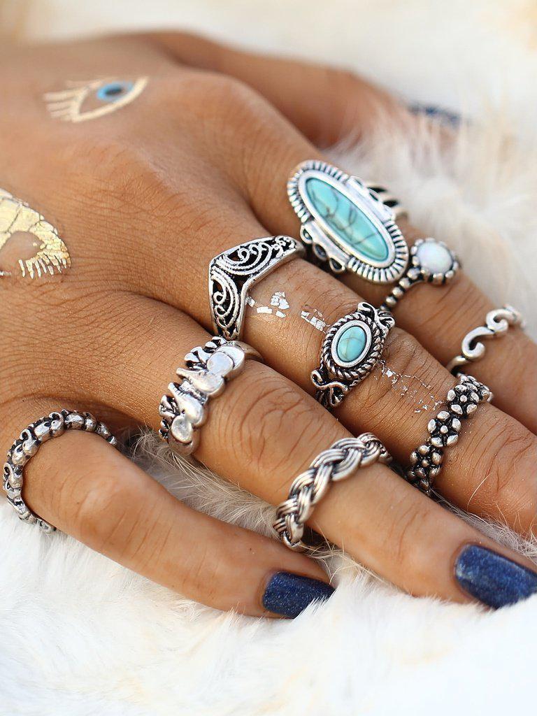 Turquoise Decorated Multi Shaped Ring Set 9pcs-jewelry-Des Mess