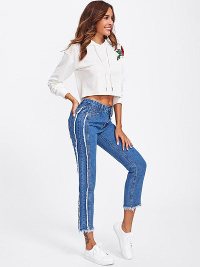 Frayed Trim Tapered Jeans-bottom-Des Mess