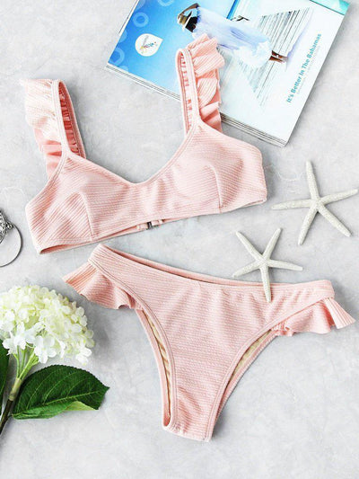 Ruffle Strap Textured Bikini Set-swimwear-Des Mess