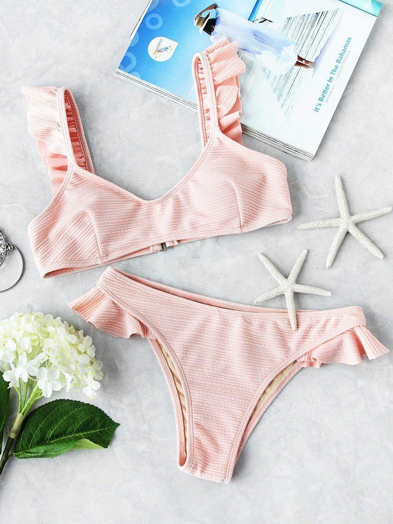 Ruffle Strap Textured Bikini Set-swimwear-Des Mess