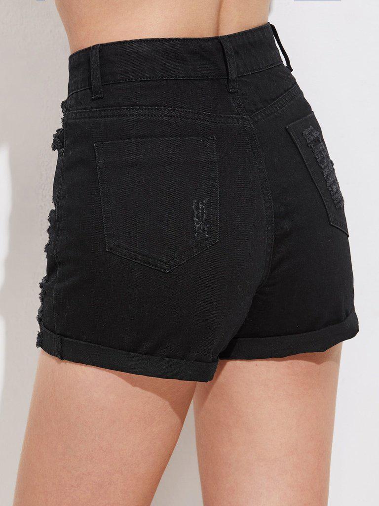 Distressed Roll Cuff Denim Shorts-bottom-Des Mess