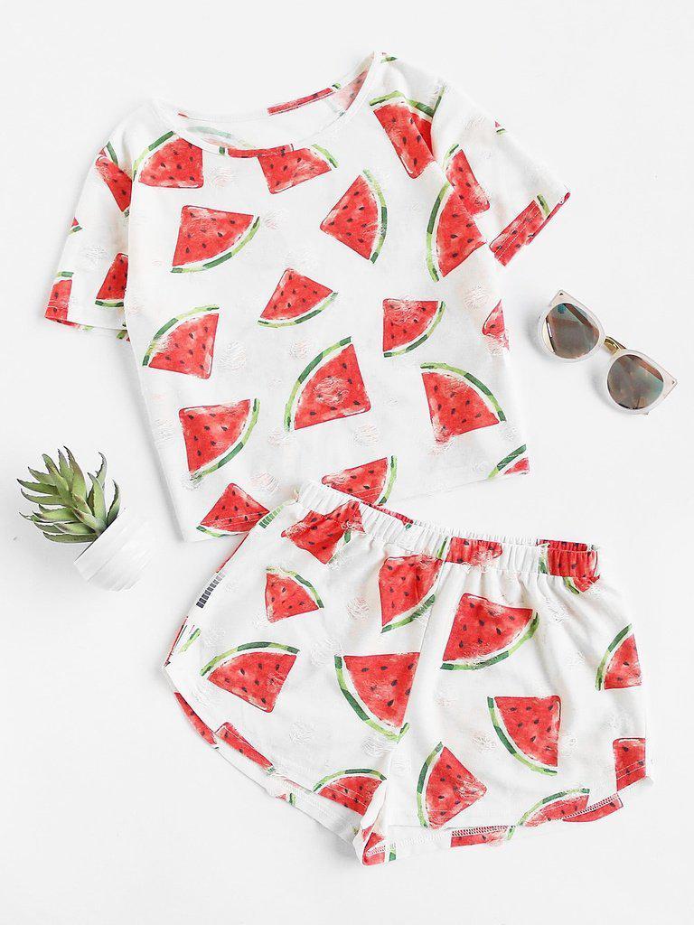 Watermelon Print Frayed Dot Tee And Shorts Set-loungewear-Des Mess