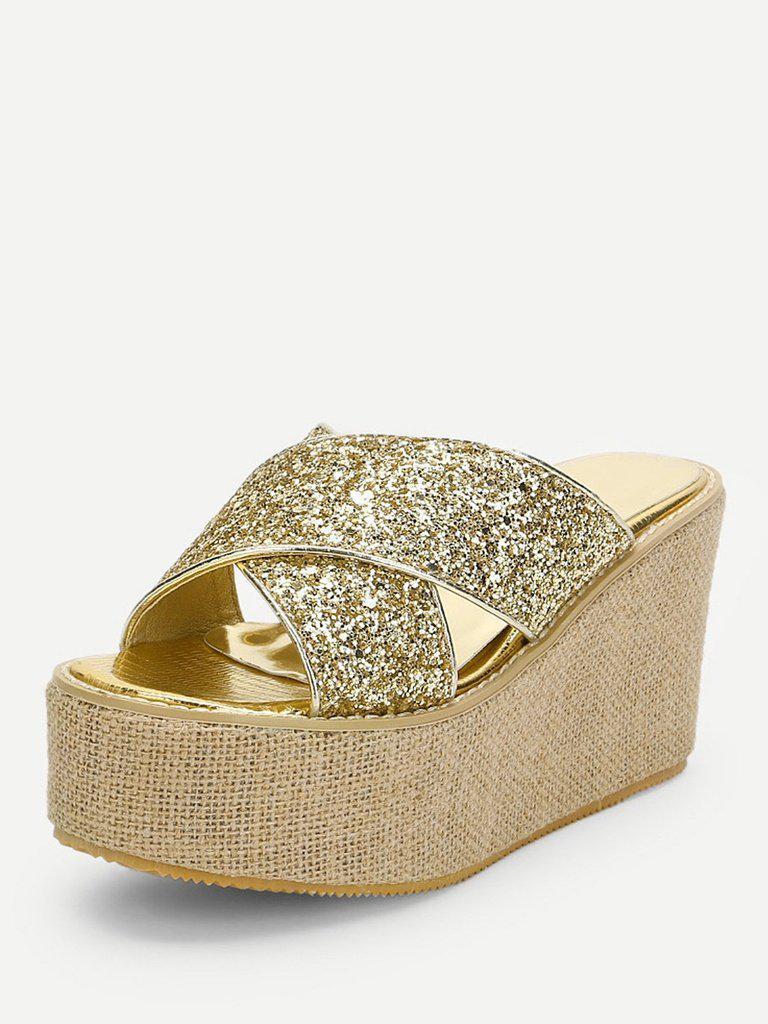 Glitter Criss Cross Design Wedge Sandals-shoes-Des Mess