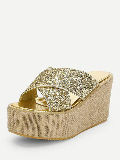 Glitter Criss Cross Design Wedge Sandals-shoes-Des Mess