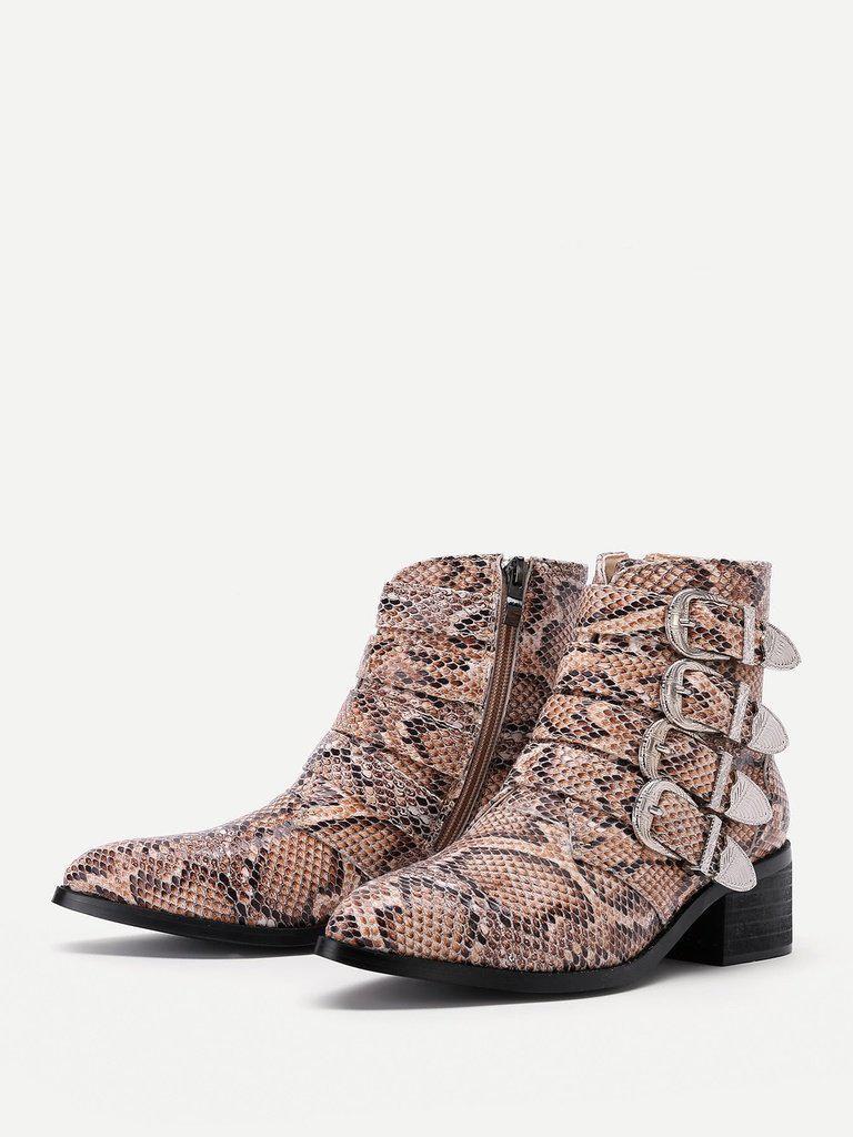 Buckle Decorated Snakeskin Print PU Ankle Boots-shoes-Des Mess