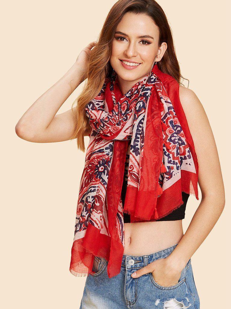 Paisley & Flower Print Scarf With Tassel-accessories-Des Mess