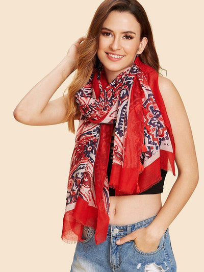 Paisley & Flower Print Scarf With Tassel-accessories-Des Mess