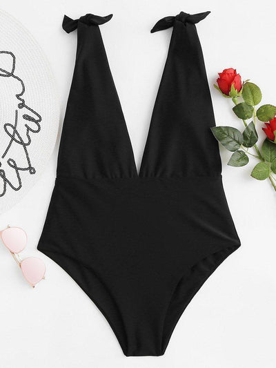Knot Shoulder Plunging Neck Swimsuit-swimwear-Des Mess