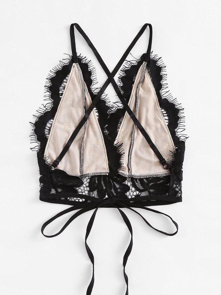 Eyelash Lace Overlay Criss Cross Tie Back Bra-lingerie-Des Mess