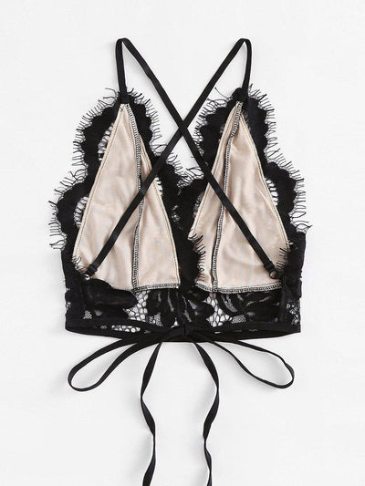 Eyelash Lace Overlay Criss Cross Tie Back Bra-lingerie-Des Mess