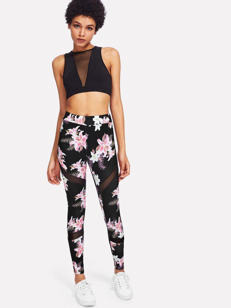 Mesh Insert Florals Leggings-bottom-Des Mess