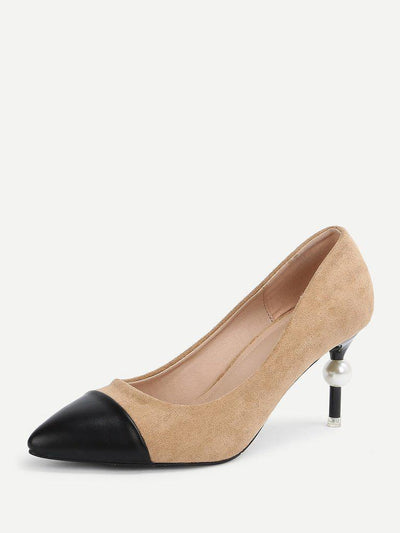 Faux Pearl Decor Cap Toe Heels-shoes-Des Mess