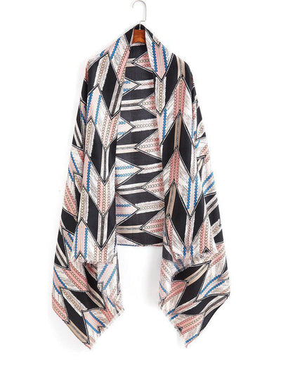 Frayed Trim Geometric Pattern Scarf-accessories-Des Mess