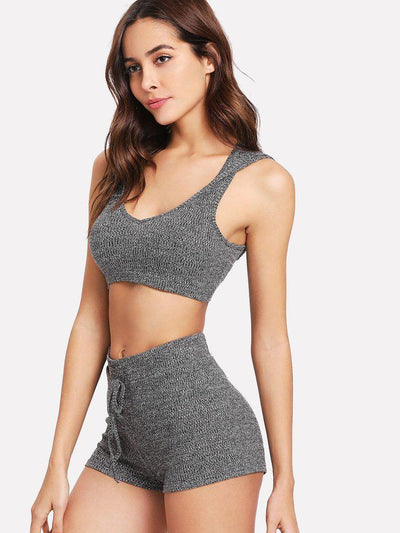 Marled Hoodie Sports Bra & Drawstring Shorts Set-sportswear-Des Mess