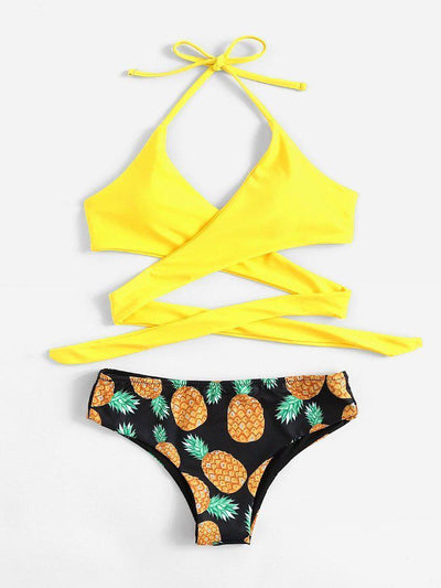 Pineapple Print Wrap Self Tie Bikini Set-swimwear-Des Mess