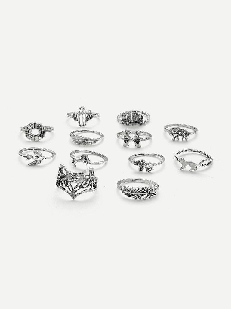 Leaf & Animal Design Ring Set 12Pcs-jewelry-Des Mess