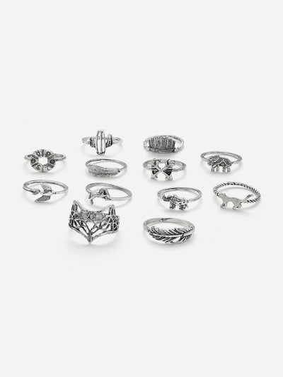 Leaf & Animal Design Ring Set 12Pcs-jewelry-Des Mess