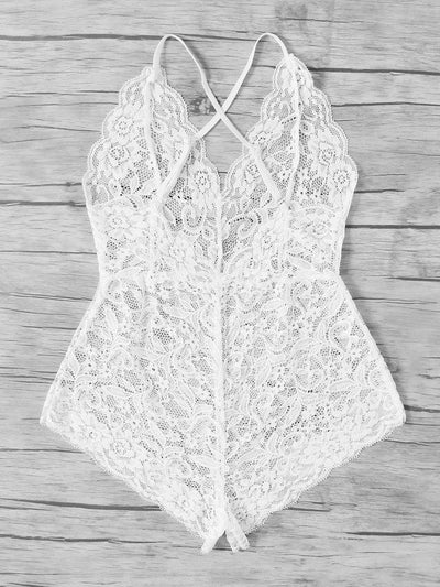 Scalloped Trim Criss Cross Lace Bodysuit-lingerie-Des Mess
