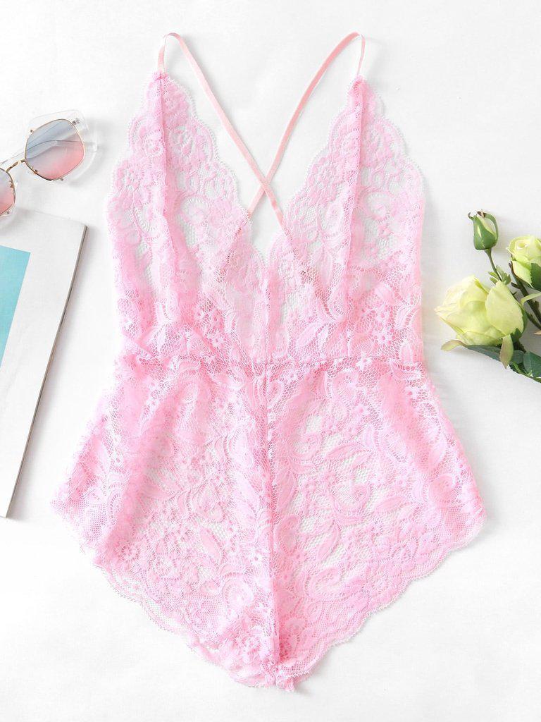 Scalloped Trim Criss Cross Lace Bodysuit-lingerie-Des Mess