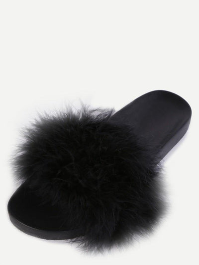 Black Faux Fur Soft Sole Flat Slippers-shoes-Des Mess