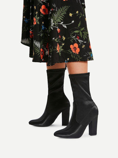 Block Heeled Pointed Toe Mid Calf Boots-shoes-Des Mess