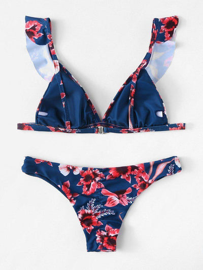 Flower Print Ruffle Bikini Set--Des Mess