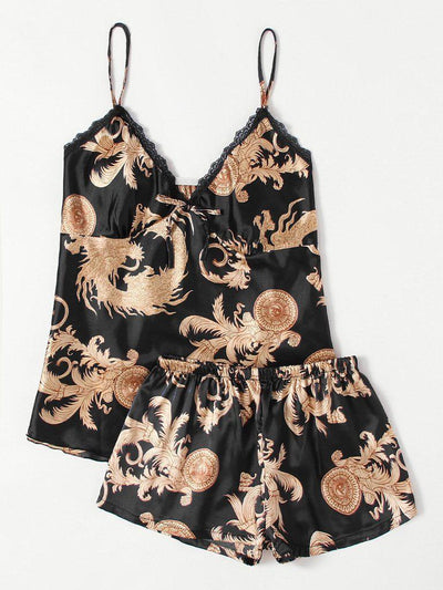 Graphic Print Satin Pajama Set-loungewear-Des Mess