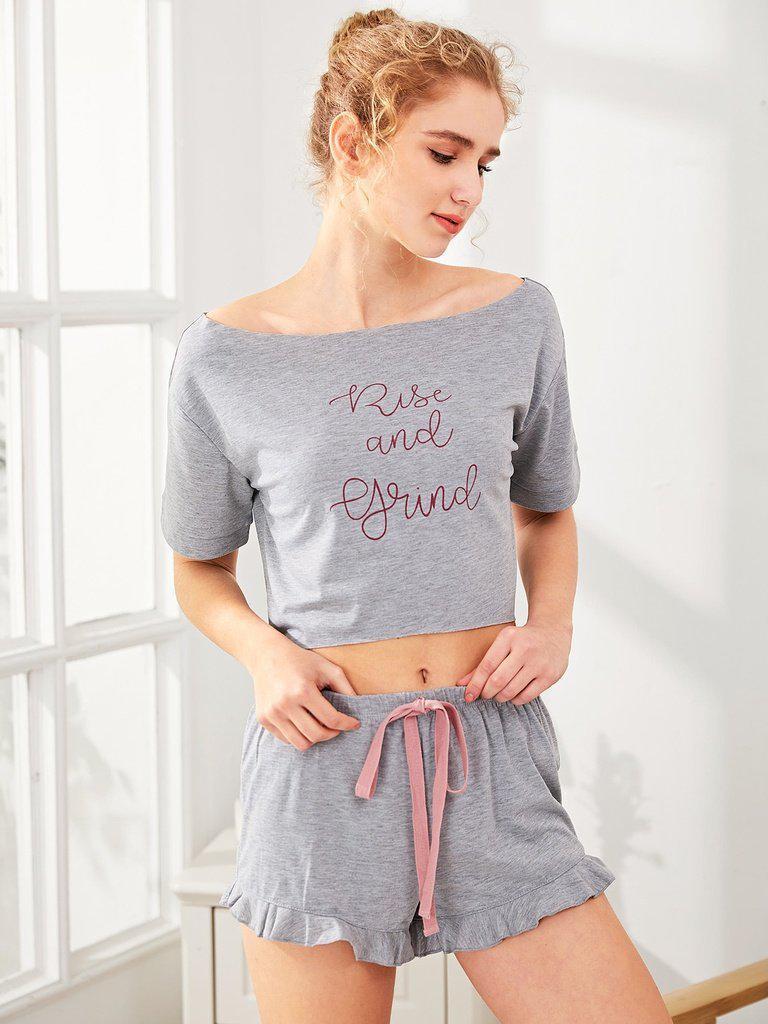 High Low Top And Frill Hem Shorts Pajama Set-loungewear-Des Mess