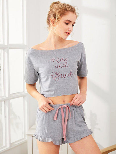 High Low Top And Frill Hem Shorts Pajama Set-loungewear-Des Mess