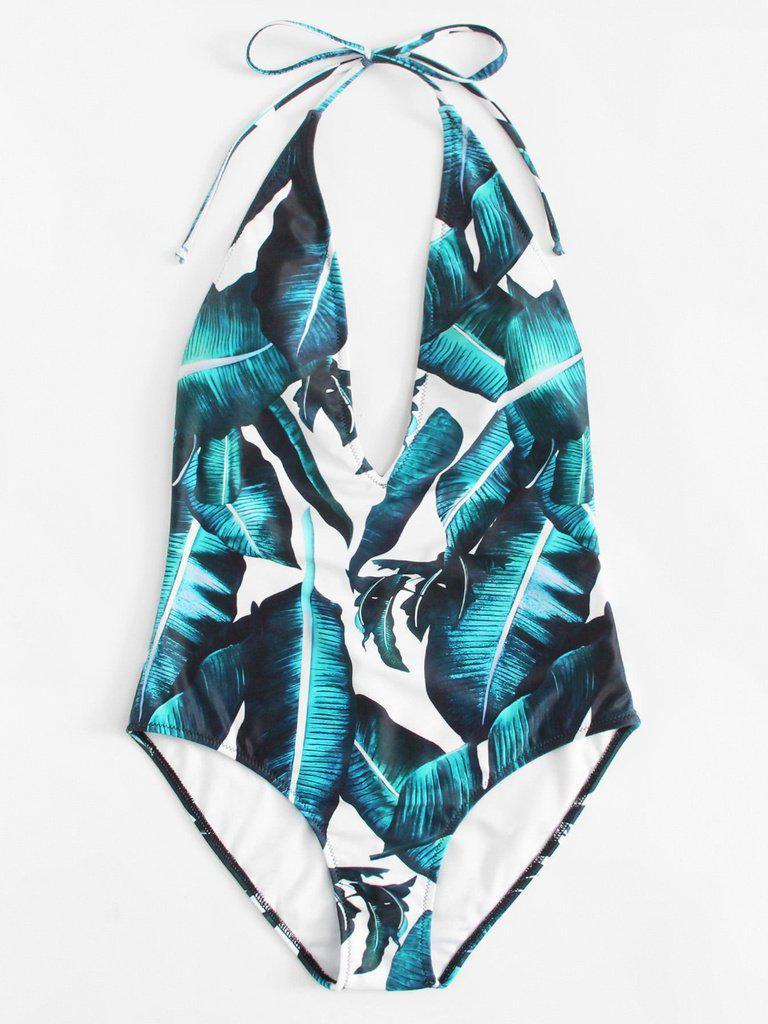 Jungle Leaf Print Plunge Halter Neck Swimsuit-swimwear-Des Mess