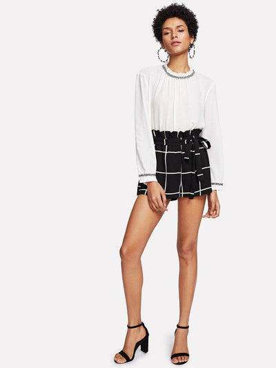 Ruffle Waist Self Belt Grid Shorts-bottom-Des Mess