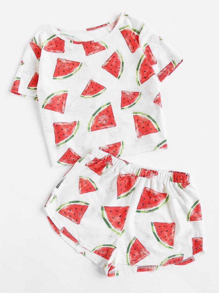 Watermelon Print Frayed Dot Tee And Shorts Set-loungewear-Des Mess