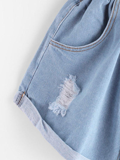 Elastic Waist Ripped Denim Skirt-bottom-Des Mess