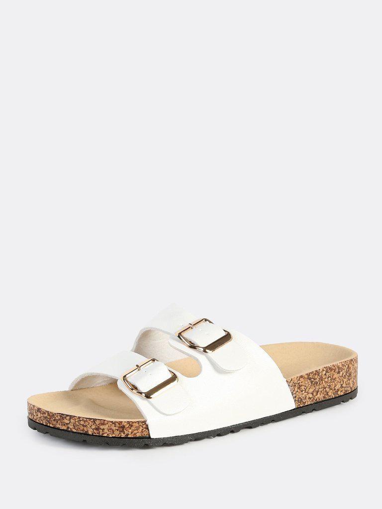Double Buckle Leather Slides WHITE-shoes-Des Mess