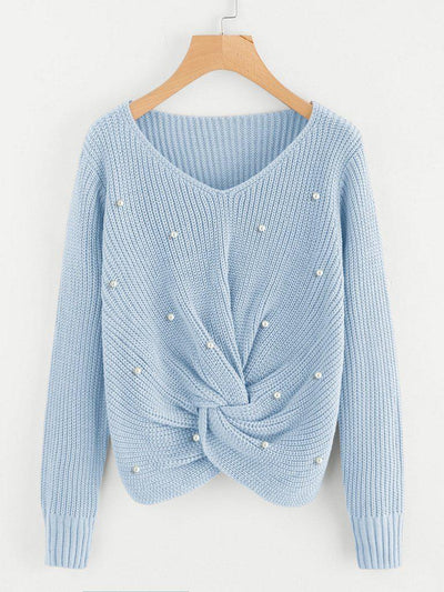 Pearl Beaded Detail Twist Sweater-outerwear-Des Mess
