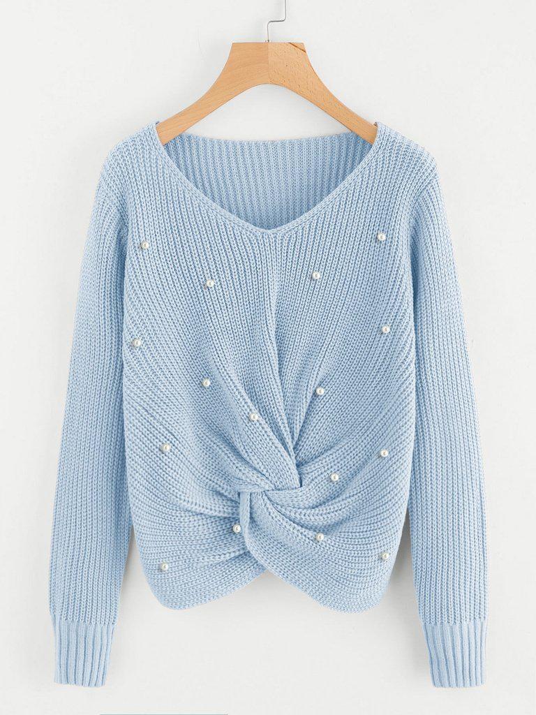 Pearl Beaded Detail Twist Sweater-outerwear-Des Mess