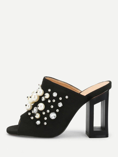 Faux Pearl Decorated Chunky Heeled Mules-shoes-Des Mess