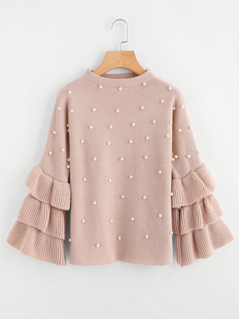 Pearl Beaded Layered Ruffle Sleeve Jumper-outerwear-Des Mess