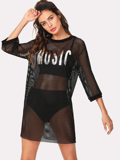 Letter Print Longline Sport Mesh Top-sportswear-Des Mess