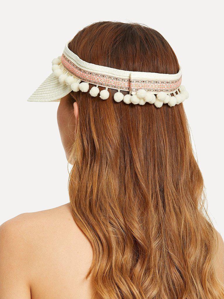 Pom Pom Trim Straw Visor Hat-accessories-Des Mess