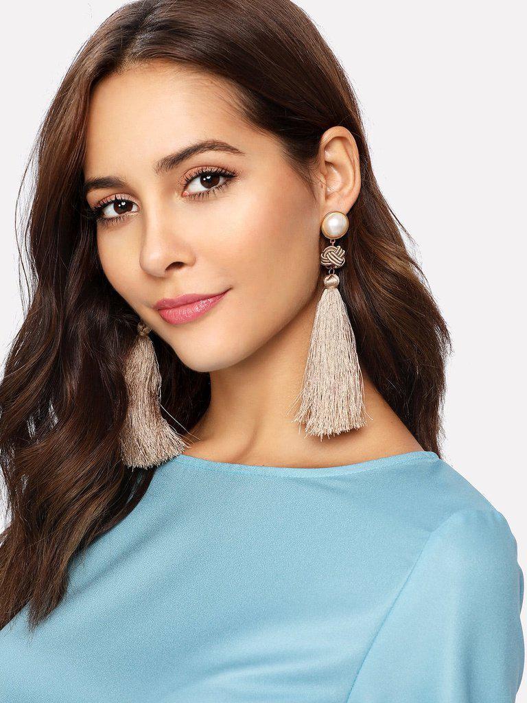 Faux Pearl Top Tassel Drop Earrings-jewelry-Des Mess