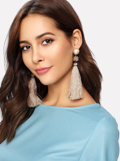 Faux Pearl Top Tassel Drop Earrings-jewelry-Des Mess
