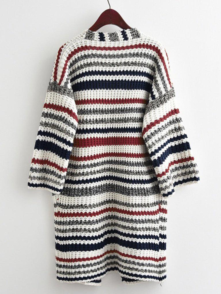 Striped Textured Knit Longline Cardigan Sweater-outerwear-Des Mess